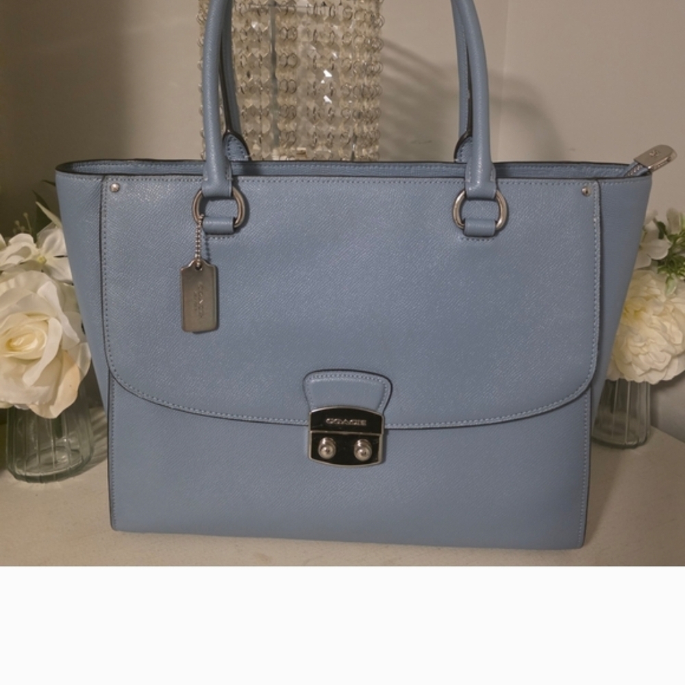 Coach Light Blue Leather Structured Tote with Silver Hardware
